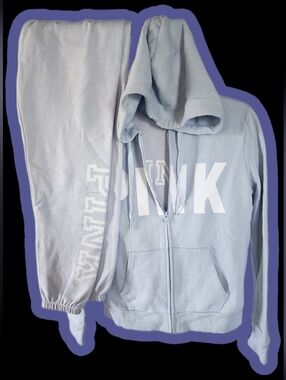 PINK-Victoria's Secret- light blue zip-up hoodie, sweatpants And Longsleeve